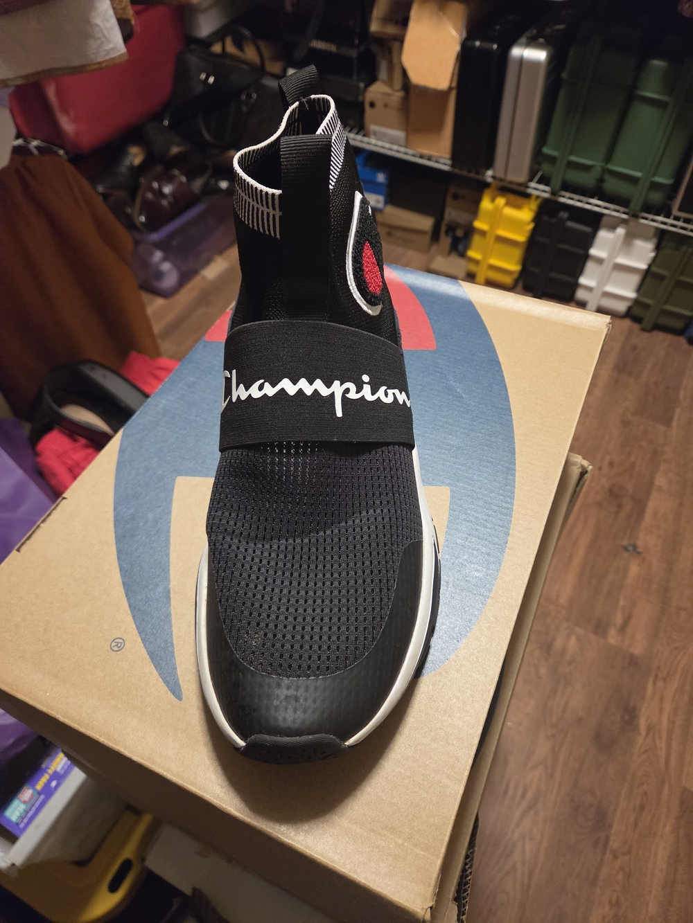 Champion Men’s Black Knit Slip-On Sneakers with White Sole and Red Logo